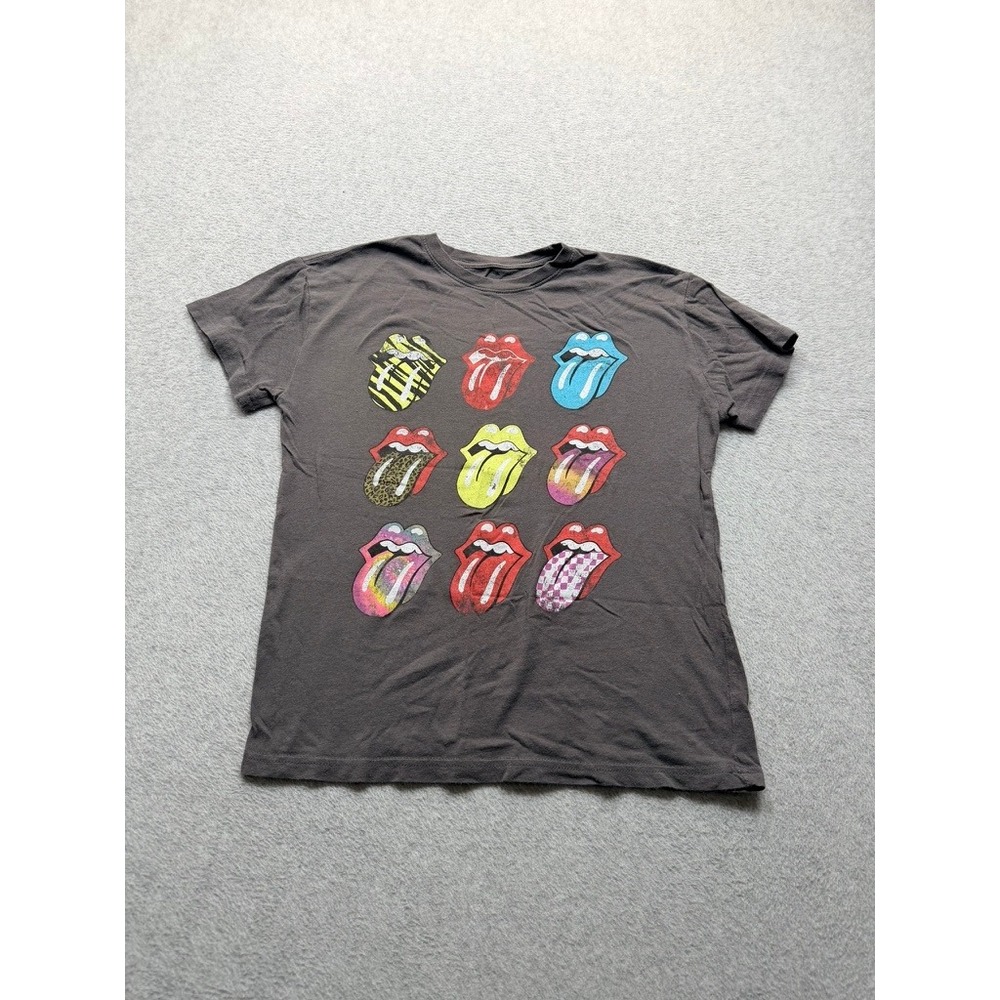 Rolling Stones Graphic T-Shirt Womens Charcoal Grey Multi Tongue Logo Rock Band
